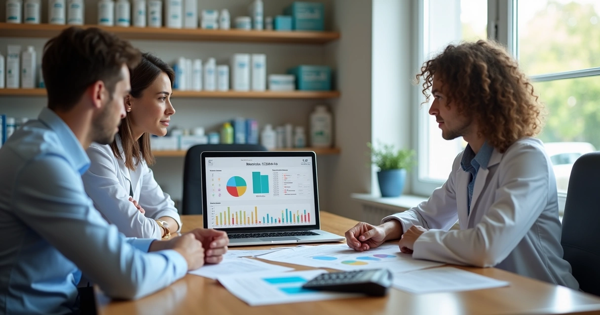Equipe analisando planilhas financeiras em um escritório de farmácia 