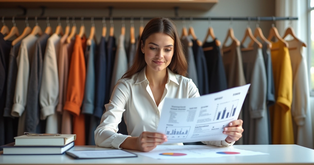 Gestora de moda analisando relatórios financeiros com roupas ao fundo 