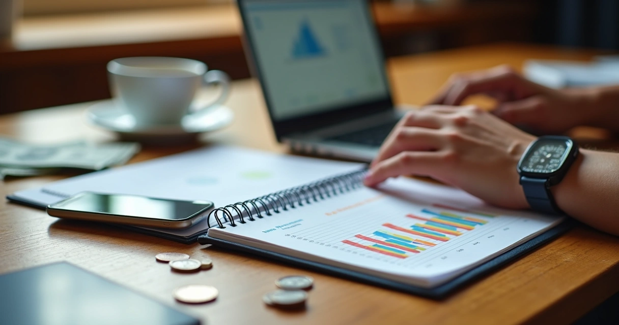 Planilha de orçamento financeiro aberta em notebook sobre mesa de madeira 