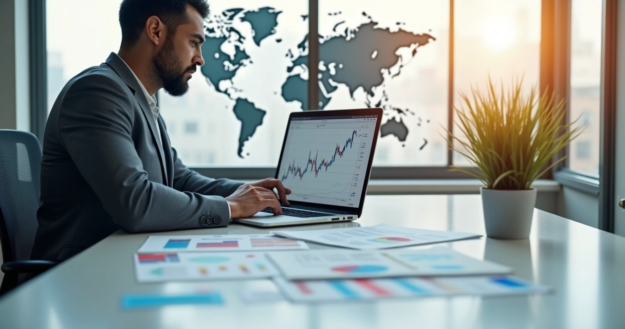 Pessoa analisando informações financeiras internacionais em um computador