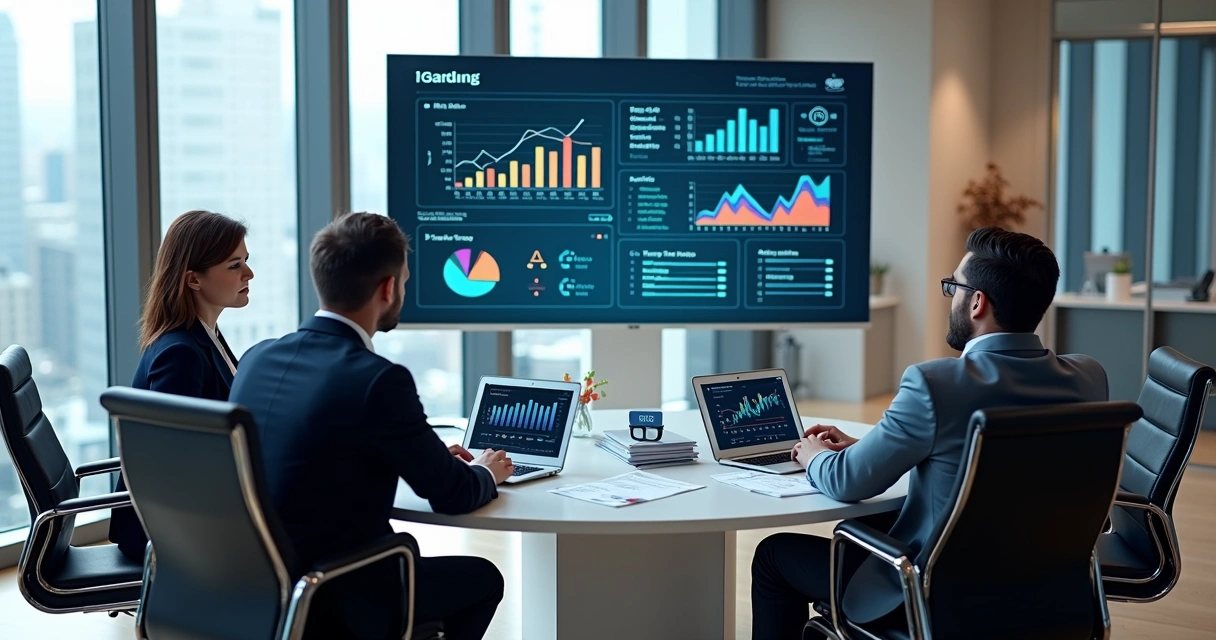 Pessoas em reunião analisando gráficos de receita em tela digital 