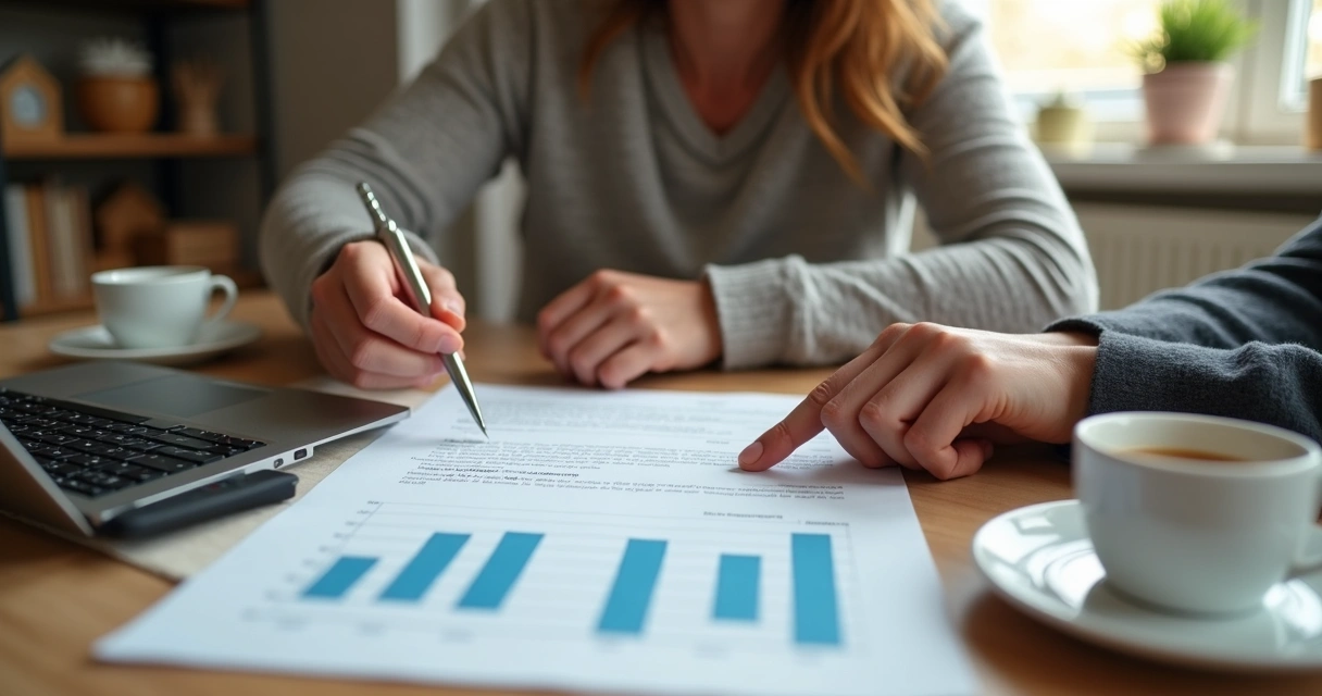 Casal revisando orçamento e contrato de imóvel em casa 