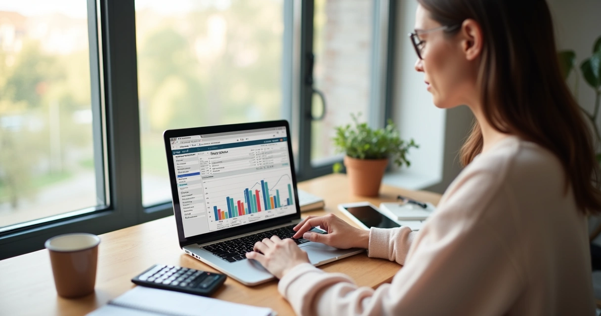 Mulher trabalhando no notebook com planilha financeira e gráficos coloridos na tela 