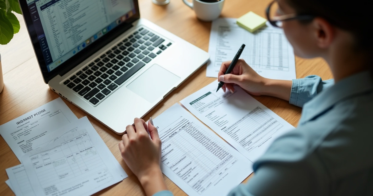 Mulher organizando recibos e notas em frente ao notebook, anotações financeiras na mesa 