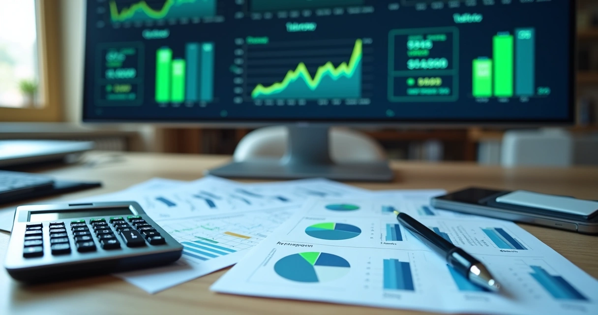 Planilhas e calculadora com gráficos financeiros em escritório 