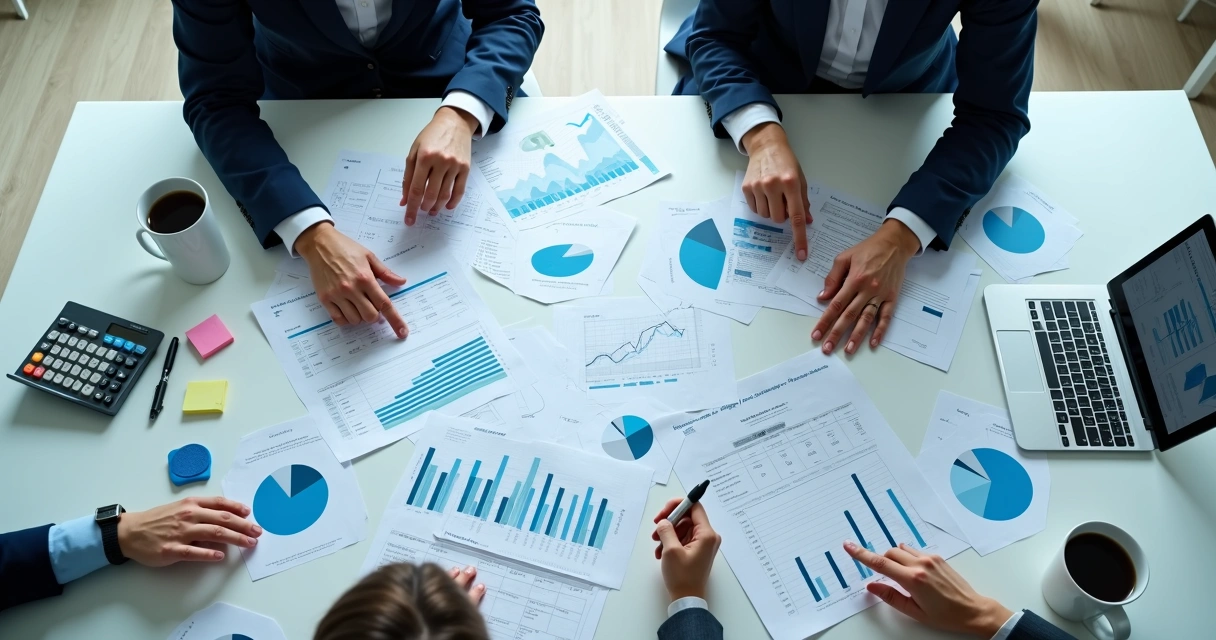 Equipe revisando planejamento financeiro integrado 