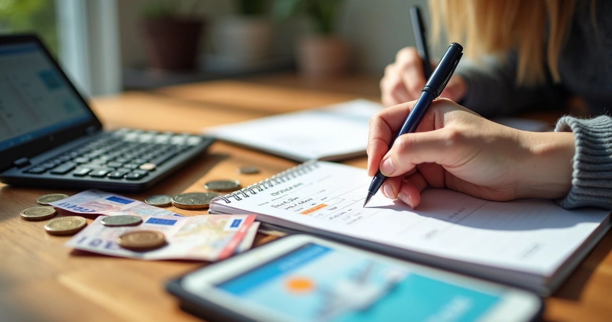Pessoa calculando custos de intercâmbio com euro, calculadora e caderno 