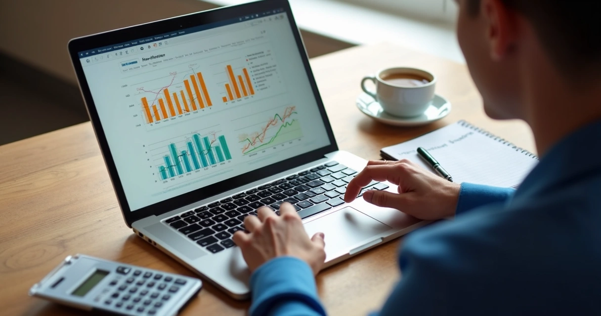 Pessoa analisando gráficos financeiros e anotações de planejamento em mesa com computador e calculadora 
