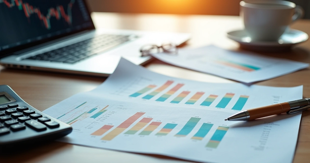 Mesa de escritório com gráficos financeiros impressos, calculadora e laptop aberta exibindo gráficos de investimentos 