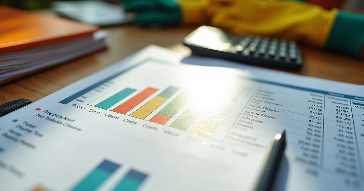 Planilha de custos e gráfico de faturamento de empresa de jardinagem sobre mesa 