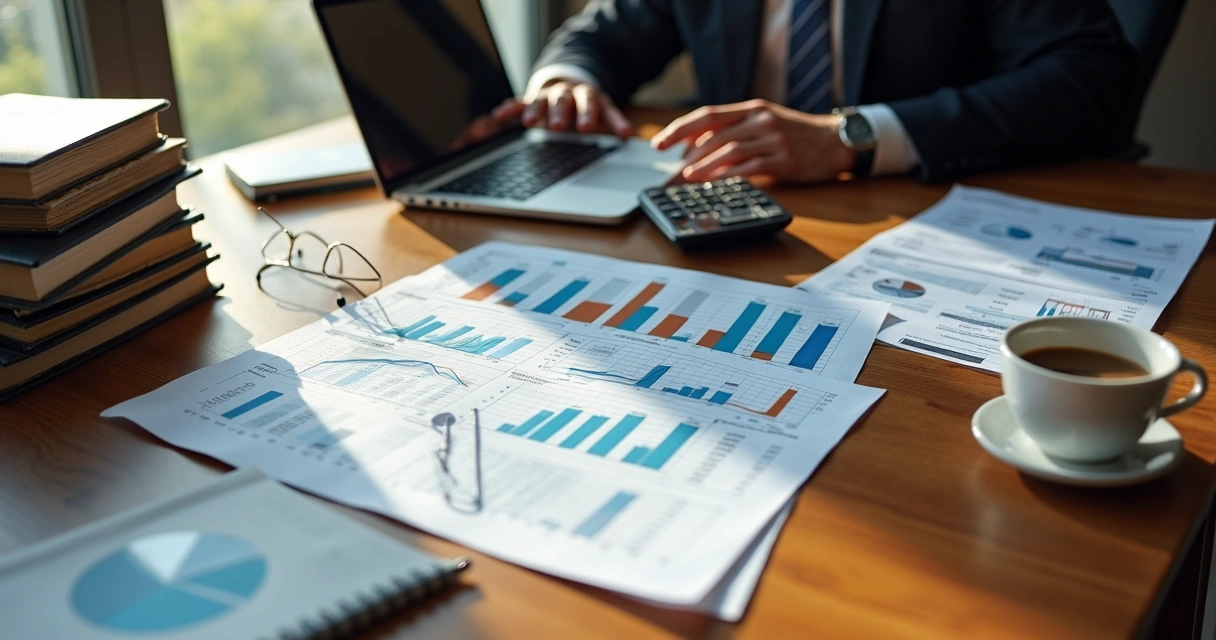 Mesa com planilha financeira e computador em escritório jurídico 