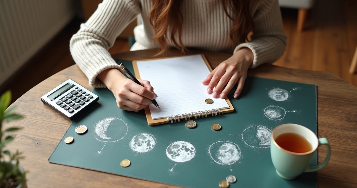 Mulher escrevendo em caderno, fases da Lua ilustradas na mesa 