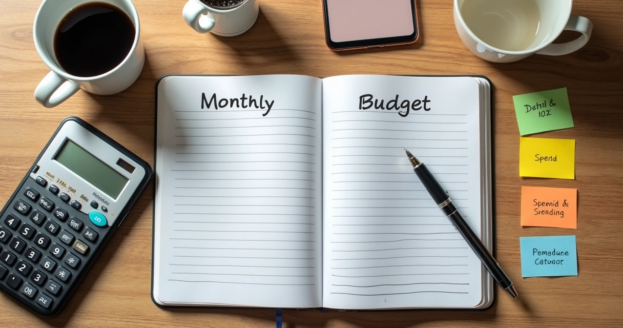 Caderno com orçamento mensal e calculadora sobre mesa