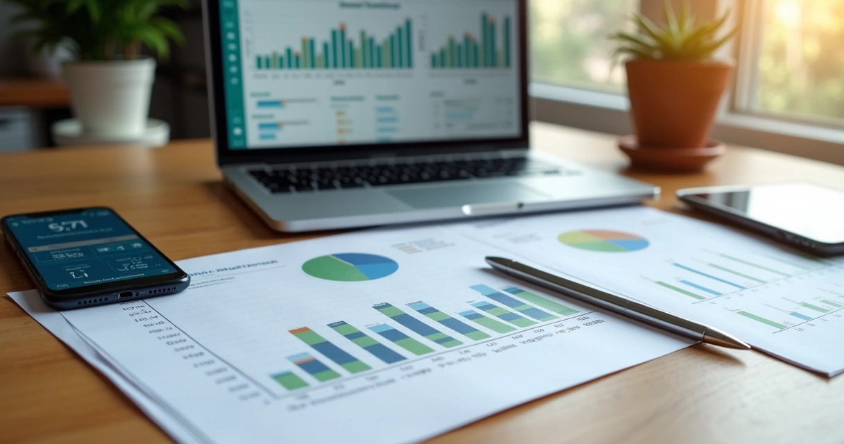 Mesa com laptop, documentos, gráficos e smartphone exibindo planejamento financeiro detalhado 