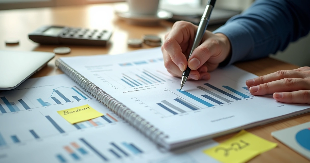 Mão escrevendo plano financeiro com gráficos e notas ao lado 