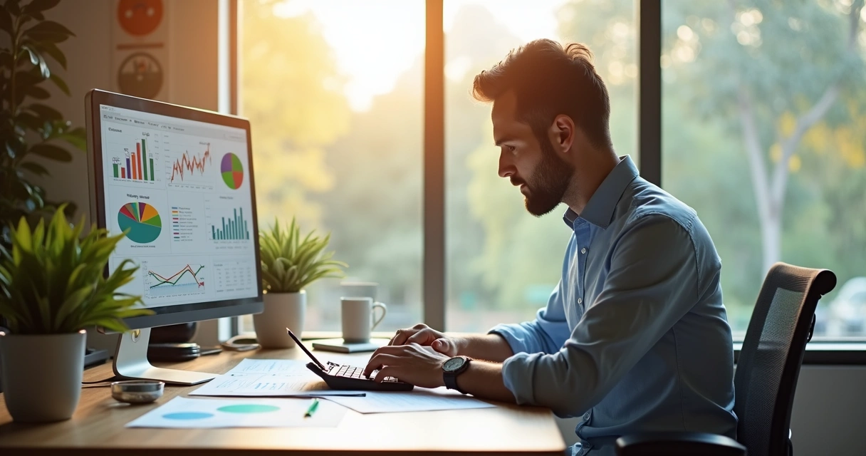 Empresário analisando planilhas financeiras e fluxo de caixa