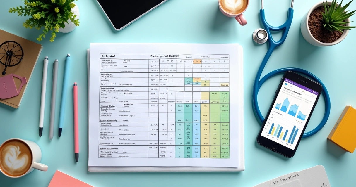 Planilha de planejamento financeiro médico, com gráficos coloridos e caneta em destaque 
