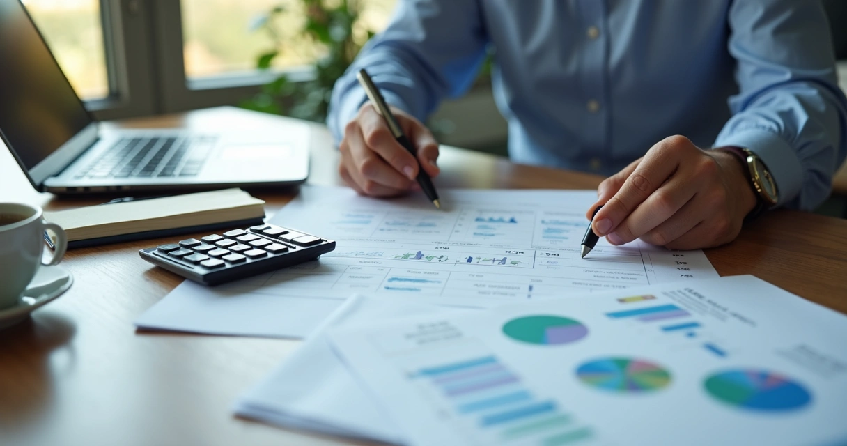 Empresário analisando orçamento mensal em mesa de trabalho