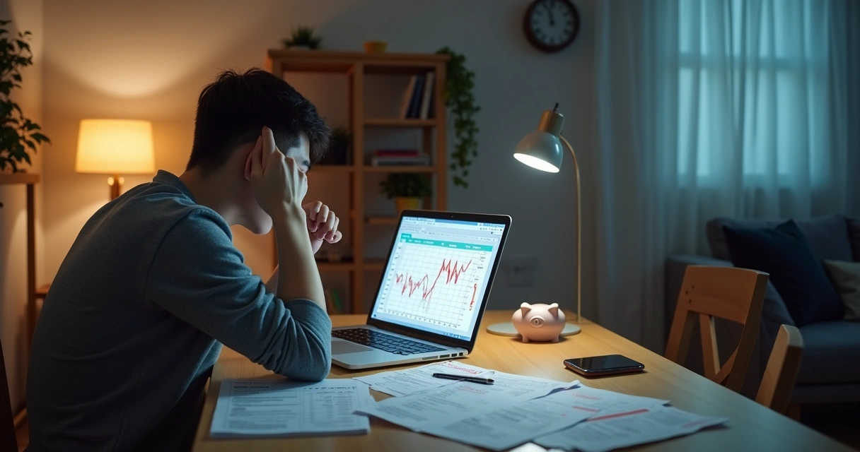 Pessoa preocupada analisando planejamento financeiro mensal com planilha cheia de erros 