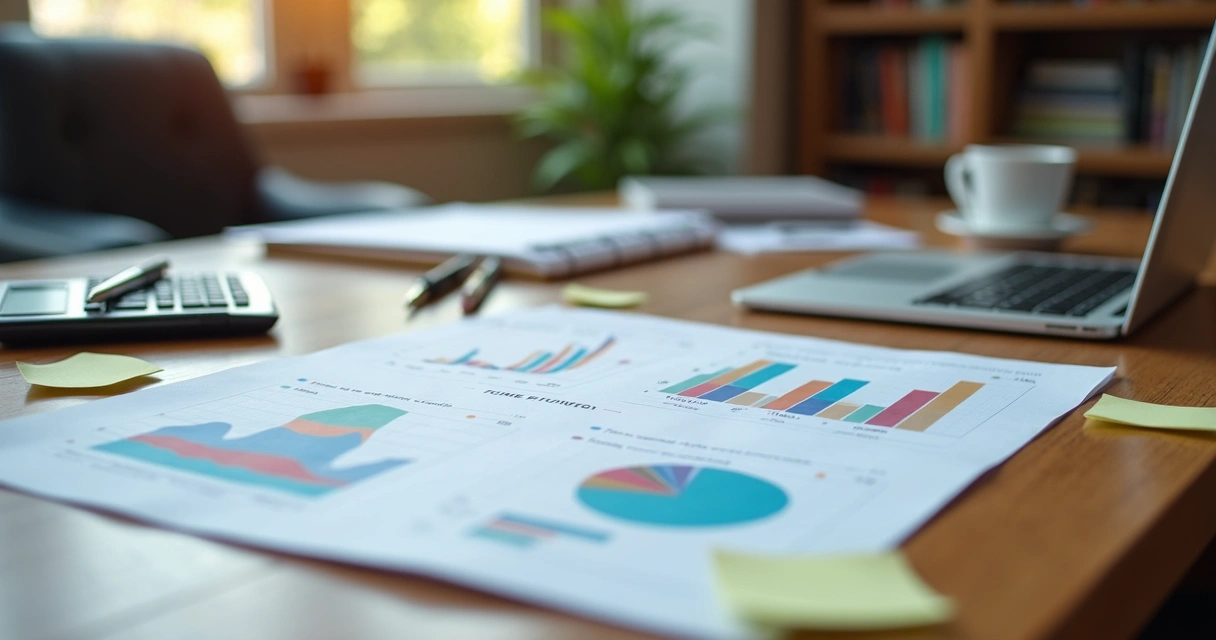 Mesa de escritório com papéis de planejamento financeiro e laptop 