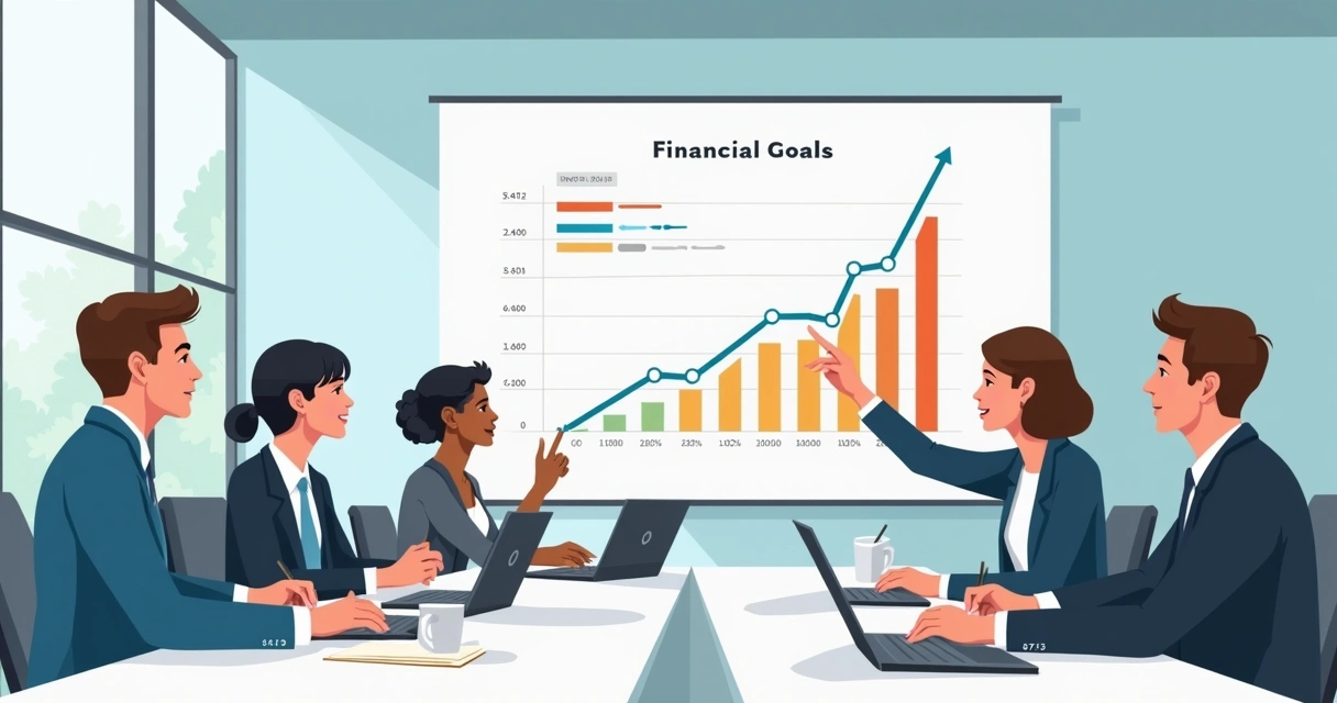 Planejamento financeiro em equipe com quadro de metas detalhado 