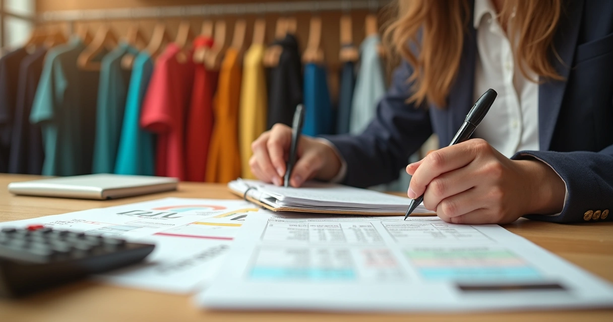 Gerente de loja de moda analisando planilha de fluxo de caixa em notebook