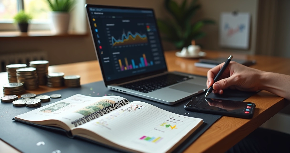 Pessoa organiza finanças em várias moedas na mesa de trabalho com gráficos e notebook 