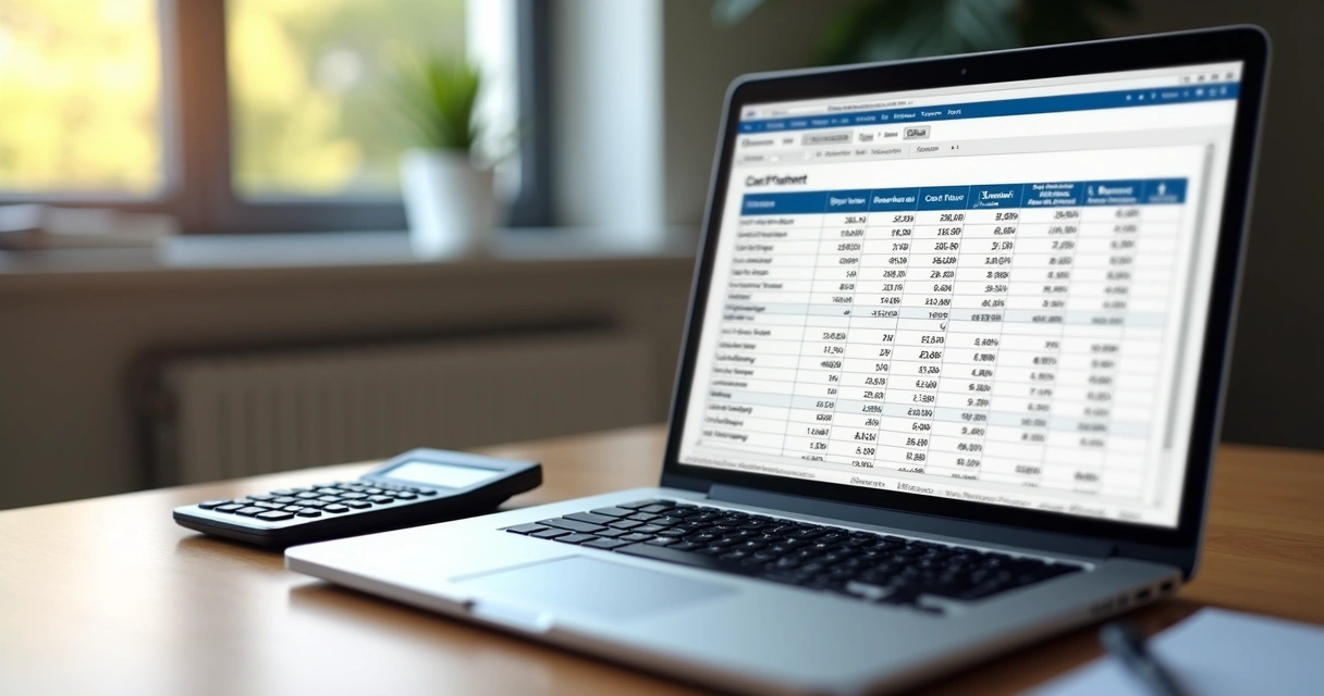 Planilha de fluxo de caixa aberta em notebook com caneta e calculadora ao lado