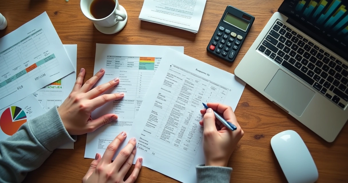 Uma mesa de escritório com planilhas e calculadora, mão anotando em papel 