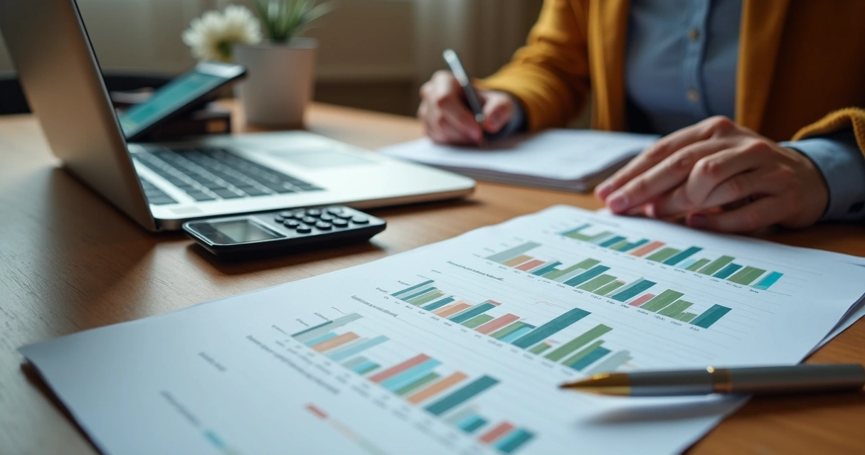 Mesa com planilhas e orçamento de negócio digital 