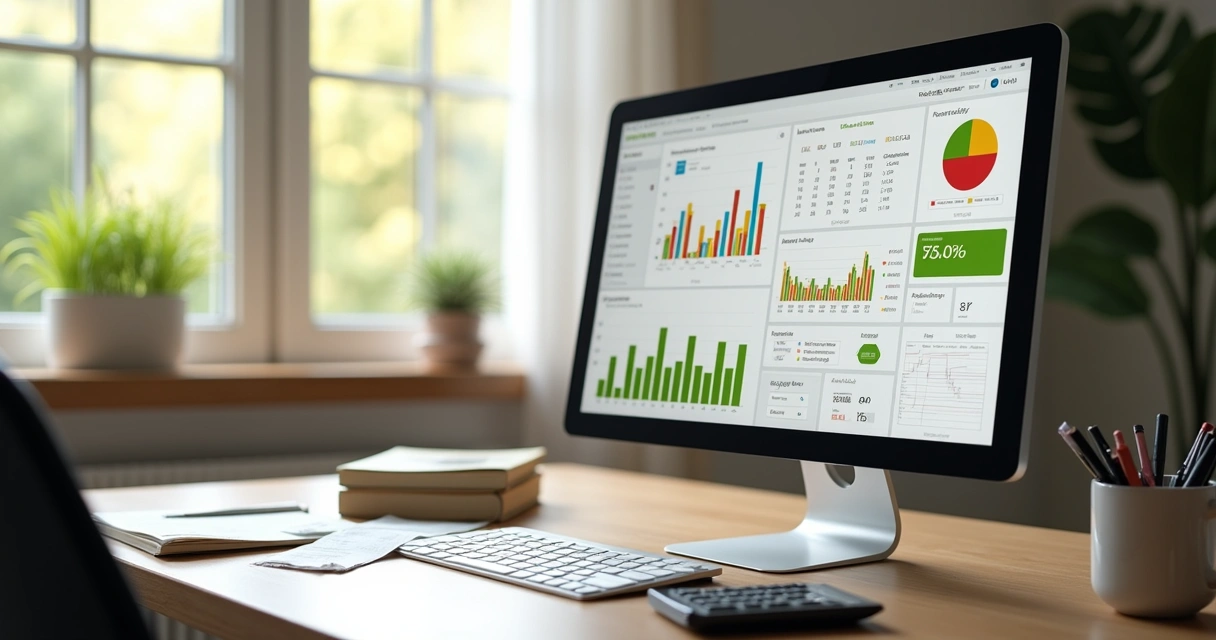 Painel financeiro com gráficos e calendário mostrando receitas e despesas mensais