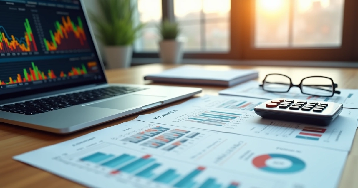 Mesa com documentos financeiros, laptop aberto com gráficos e calculadora ao lado 