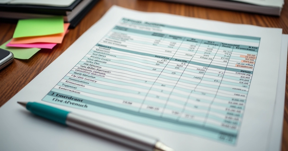 Folha de planejamento financeiro anual com destaque para despesas, receitas e fundo de emergências.