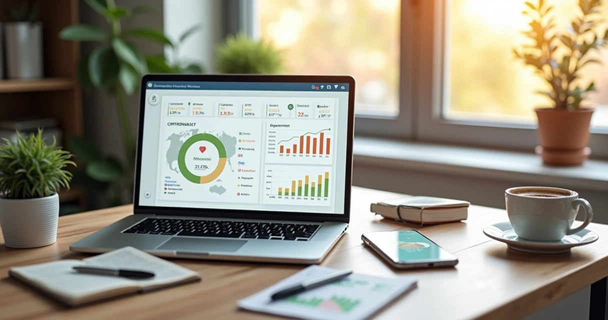 Mesa de trabalho com computador, celular mostrando aplicativo financeiro e caderno com anotações de planejamento de gastos 
