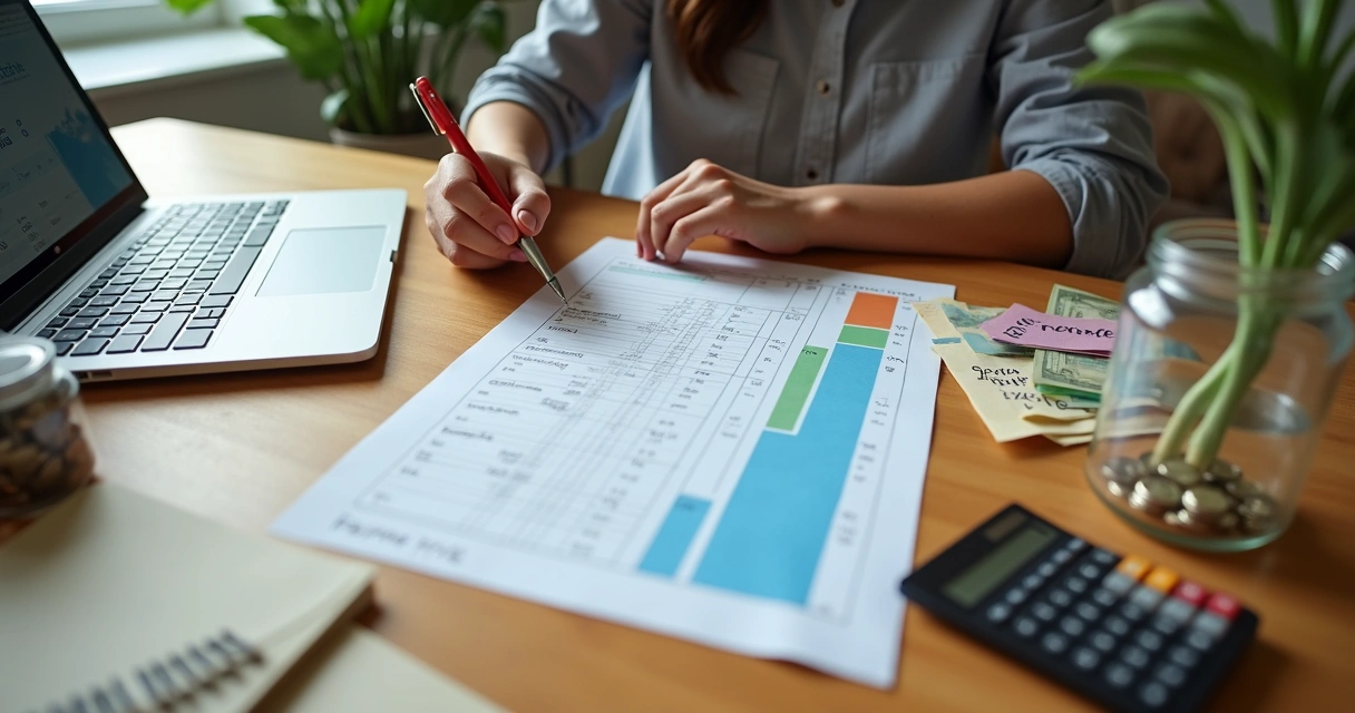 Pessoa organizando planejamento financeiro com planilha e calculadora na mesa 