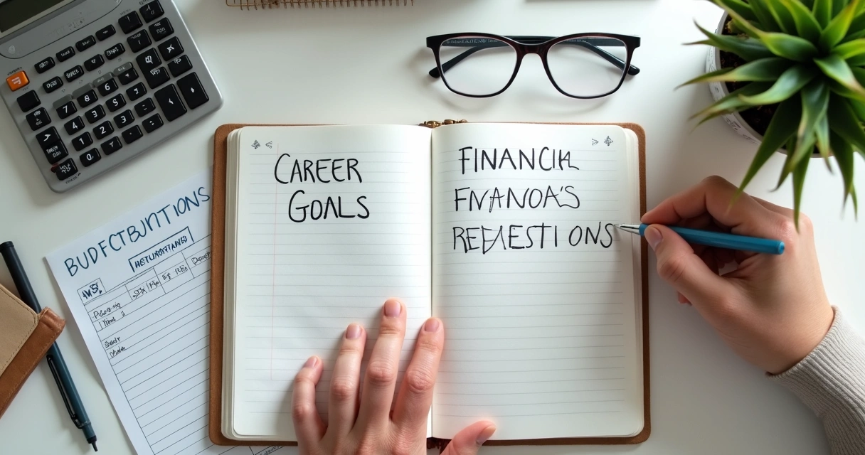 Caderno com planejamento financeiro e metas profissionais