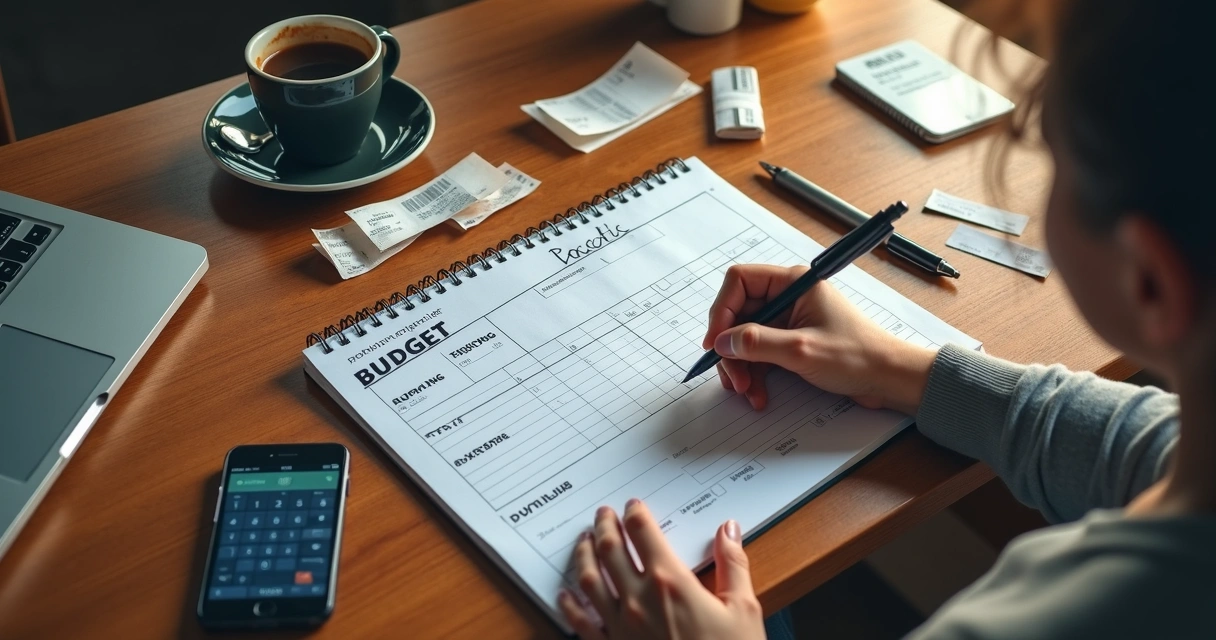 Pessoa preenchendo caderno de orçamento ao lado de notebook 
