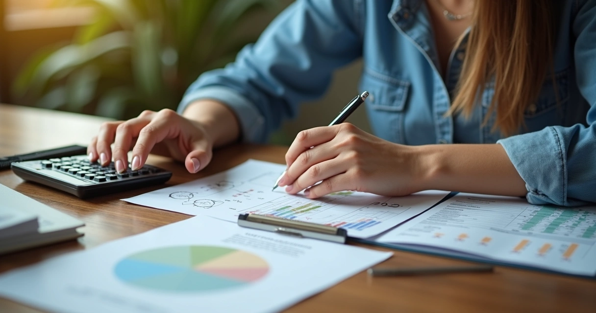 Pessoa com bloco de anotações e calculadora planejando orçamento 