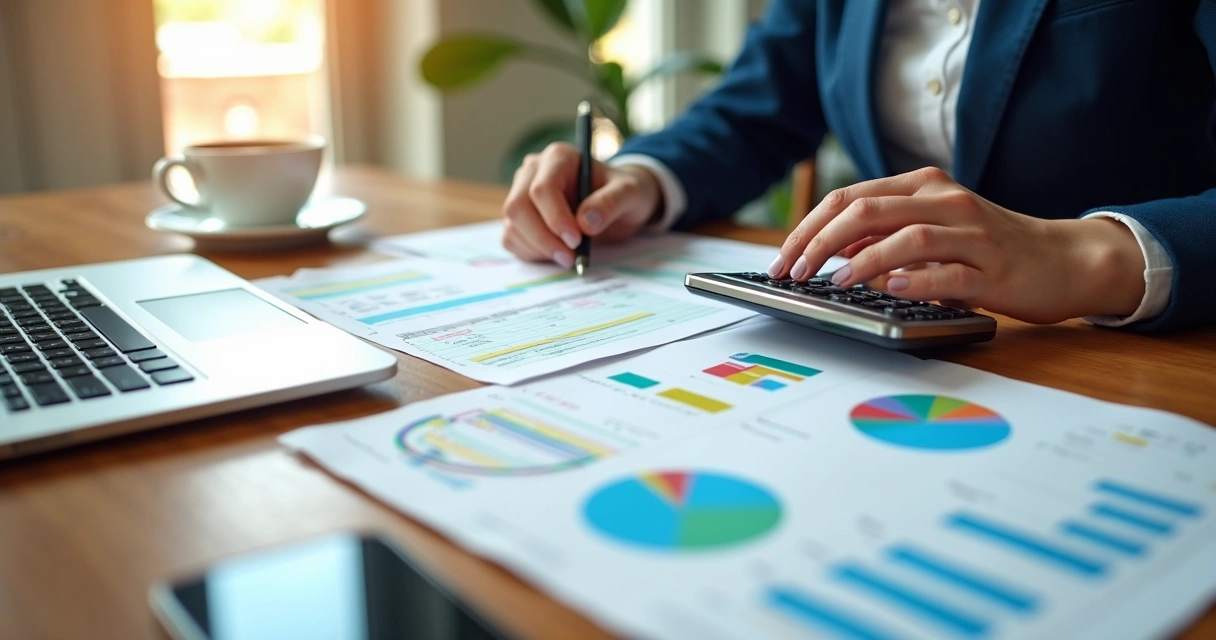 Pessoa analisando planilha financeira com calculadora e gráficos em mesa de madeira 