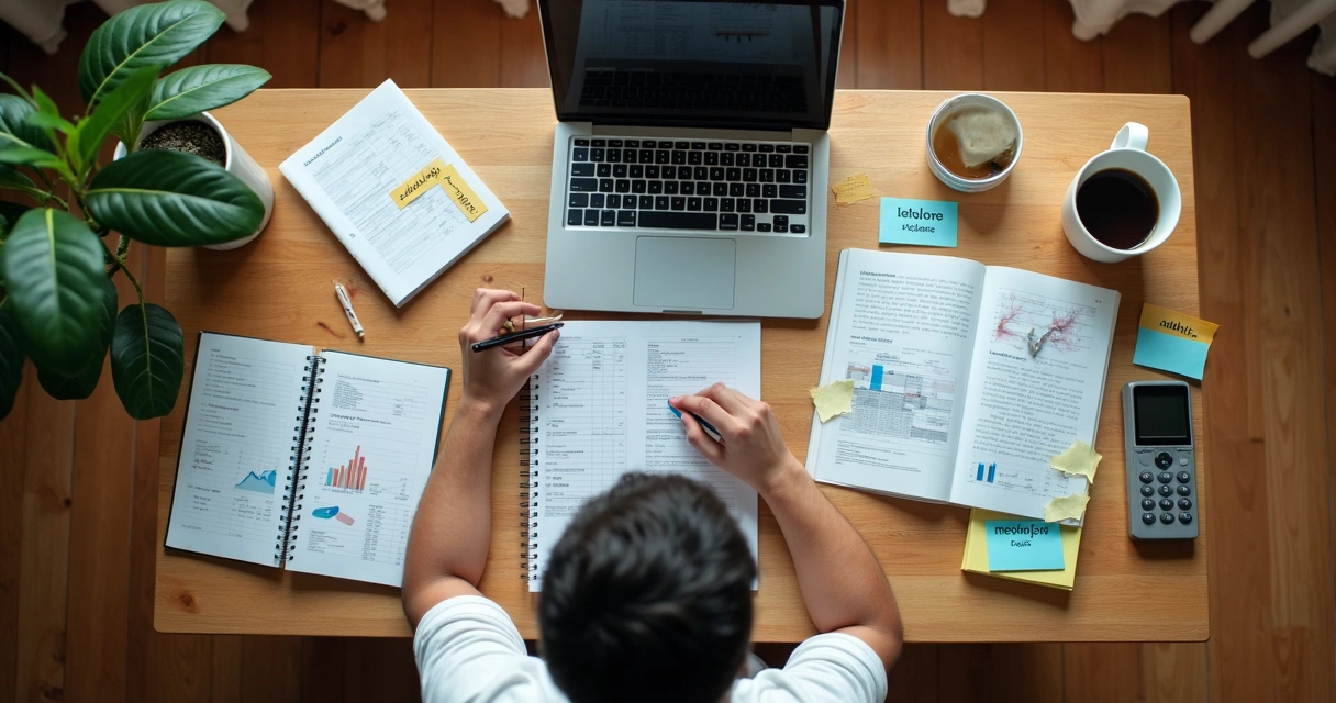 Pessoa revisando planos financeiros em uma mesa com papéis e computador portátil 