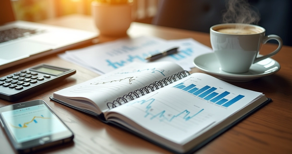 Mesa com caderno aberto, caneta, calculadora, gráficos financeiros e uma xícara de café sobre uma superfície de madeira clara 