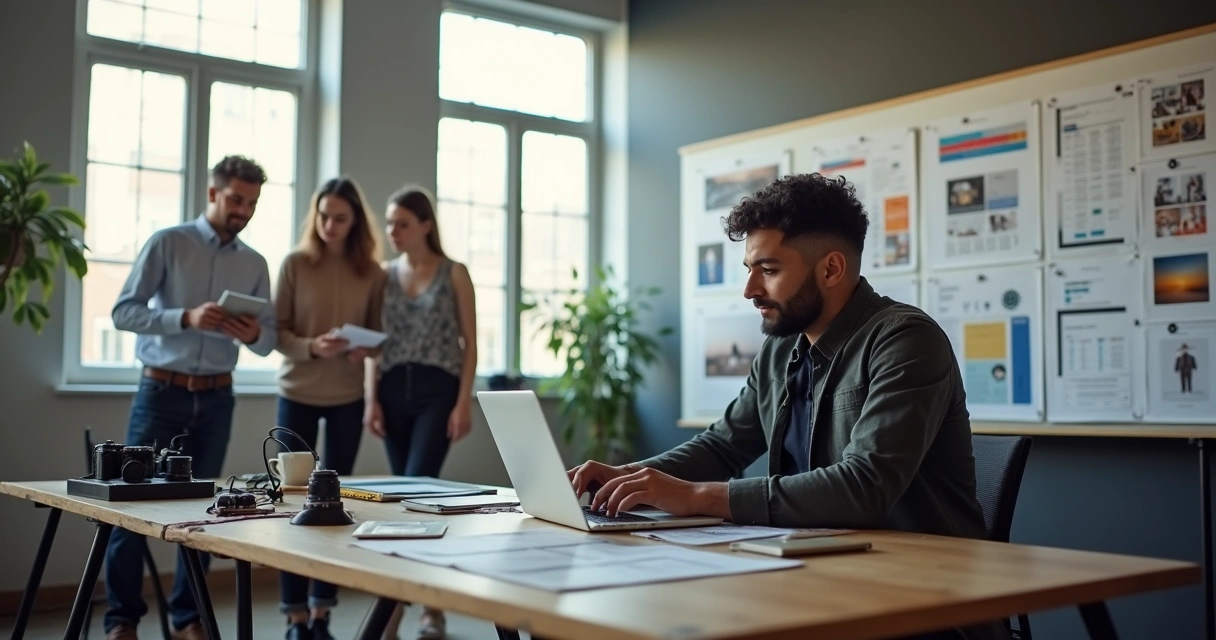 Fotógrafo revisando planilha de orçamento em laptop e equipe ao fundo 
