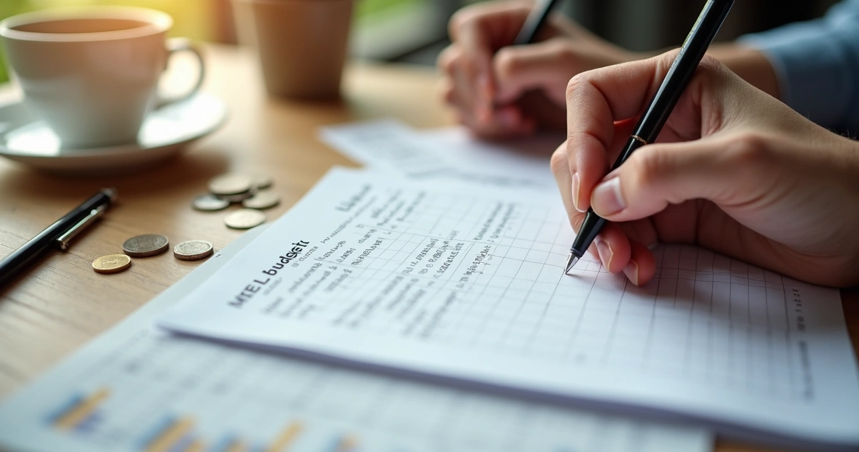 Mãos organizando um orçamento em papel com símbolos de coração e propósito. 