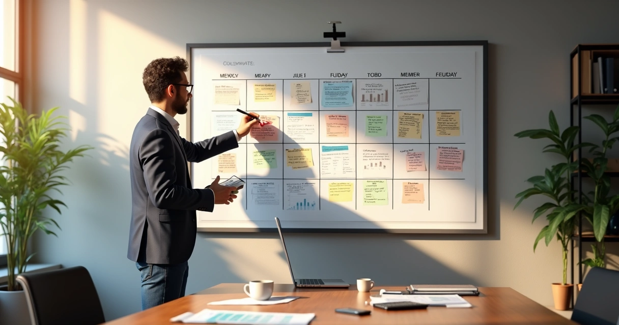 Dono de pequena empresa marcando projeções financeiras em quadro anual na parede 