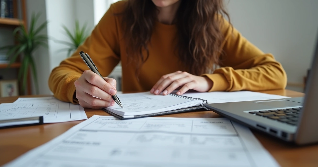 Jovem adulto analisando orçamento com calculadora e anotações na mesa 