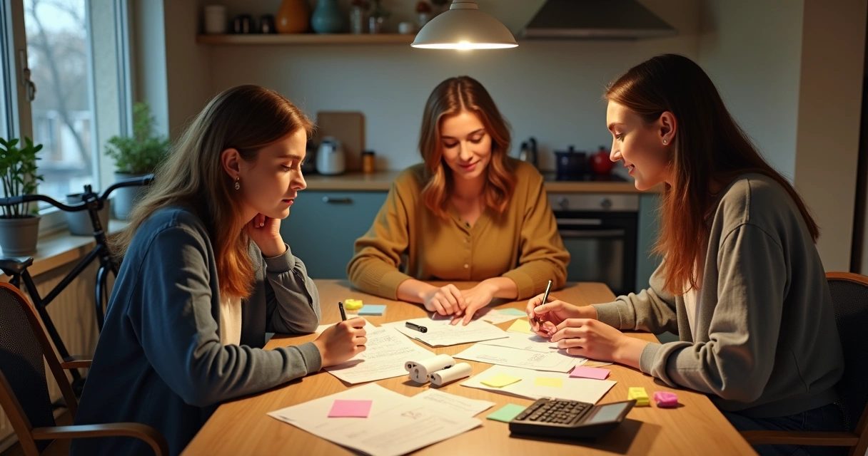Estudantes discutindo orçamento em república universitária com papéis e laptop