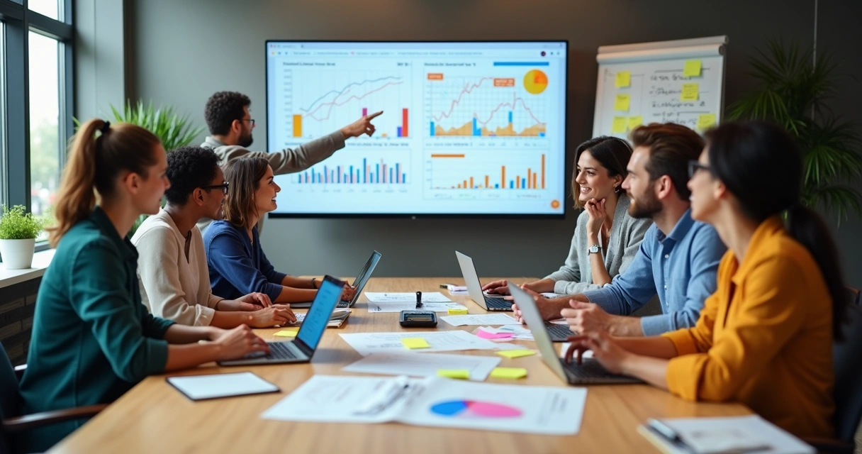 Equipe discutindo planejamento financeiro em reunião de negócios