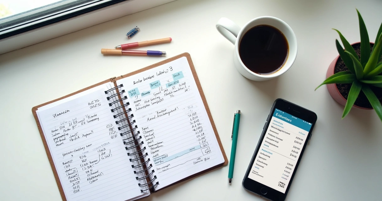Caderno ao lado de um celular, ambos com anotações financeiras simples 