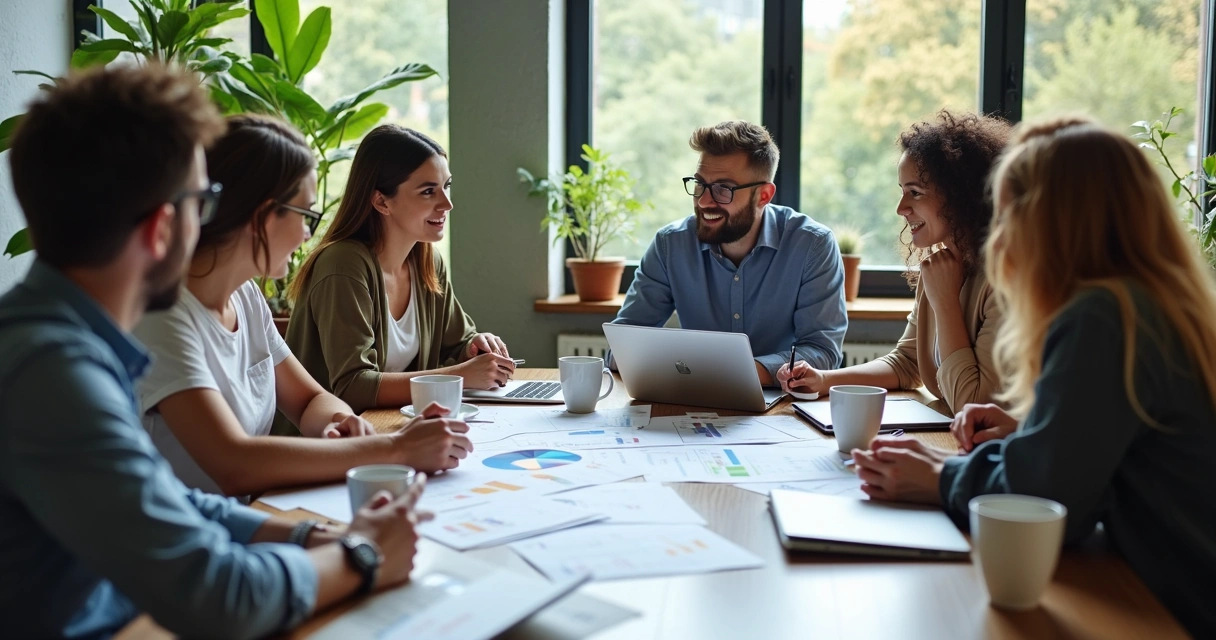 Grupo reunido planejando finanças com gráficos e papéis 