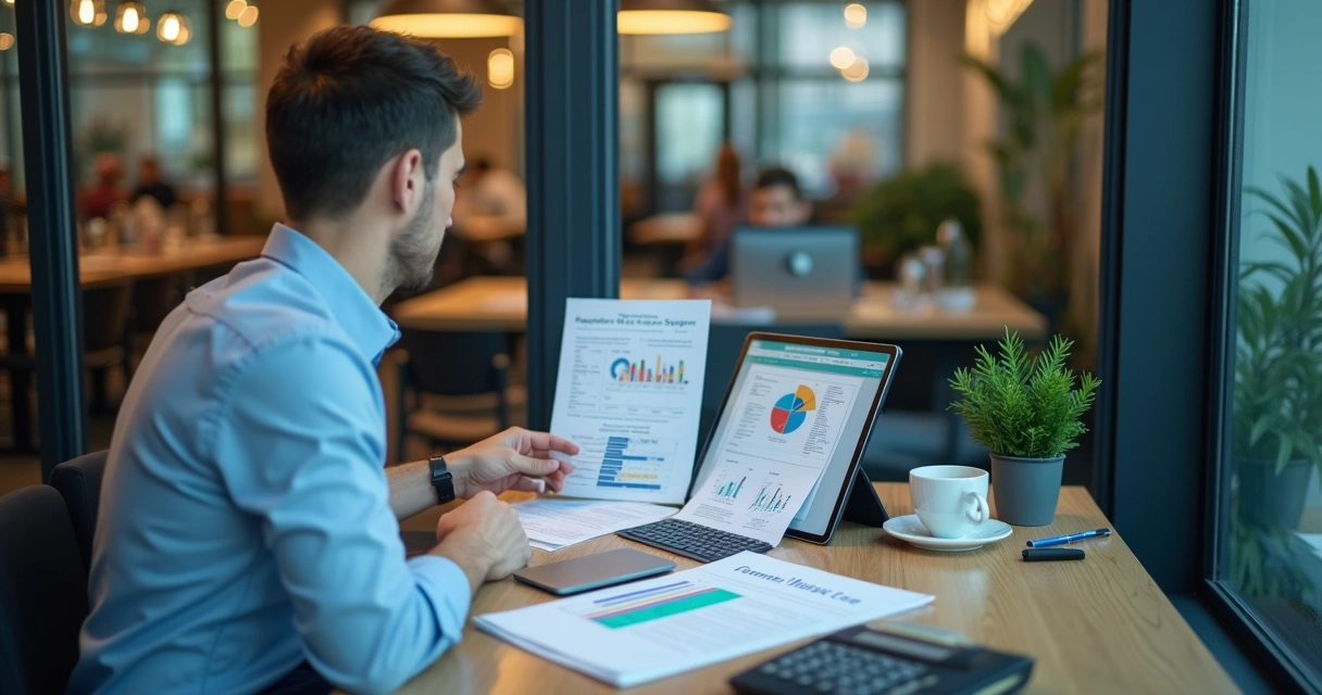 Gerente de restaurante analisando planilhas e gráficos de tecnologia